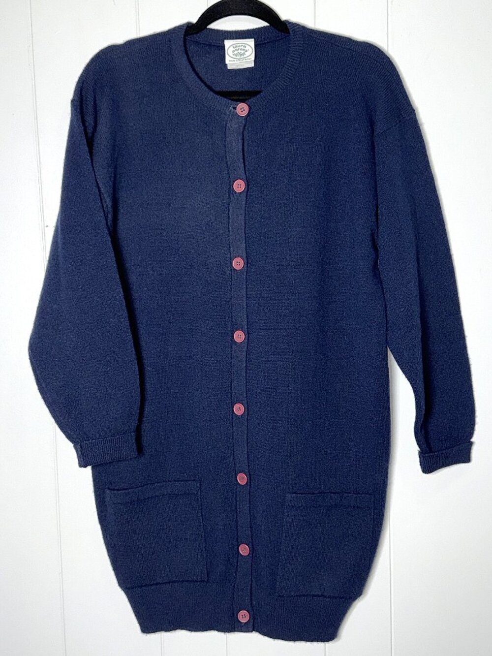 VTG Laura Ashley Great Britain Navy Lambswool Button Cardigan Sweater One Size